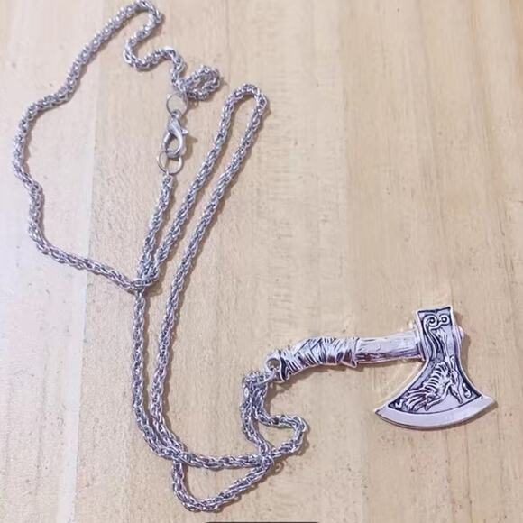 Viking Nordic Wolf Bird Ax Pendant 2 Sided Celtic Ragnar with Chain - Picture 6 of 6